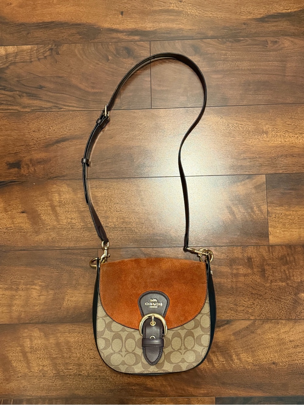 Coach Crossbody Bag in Brown Canvas and Rust Suede with Dark Brown Trim